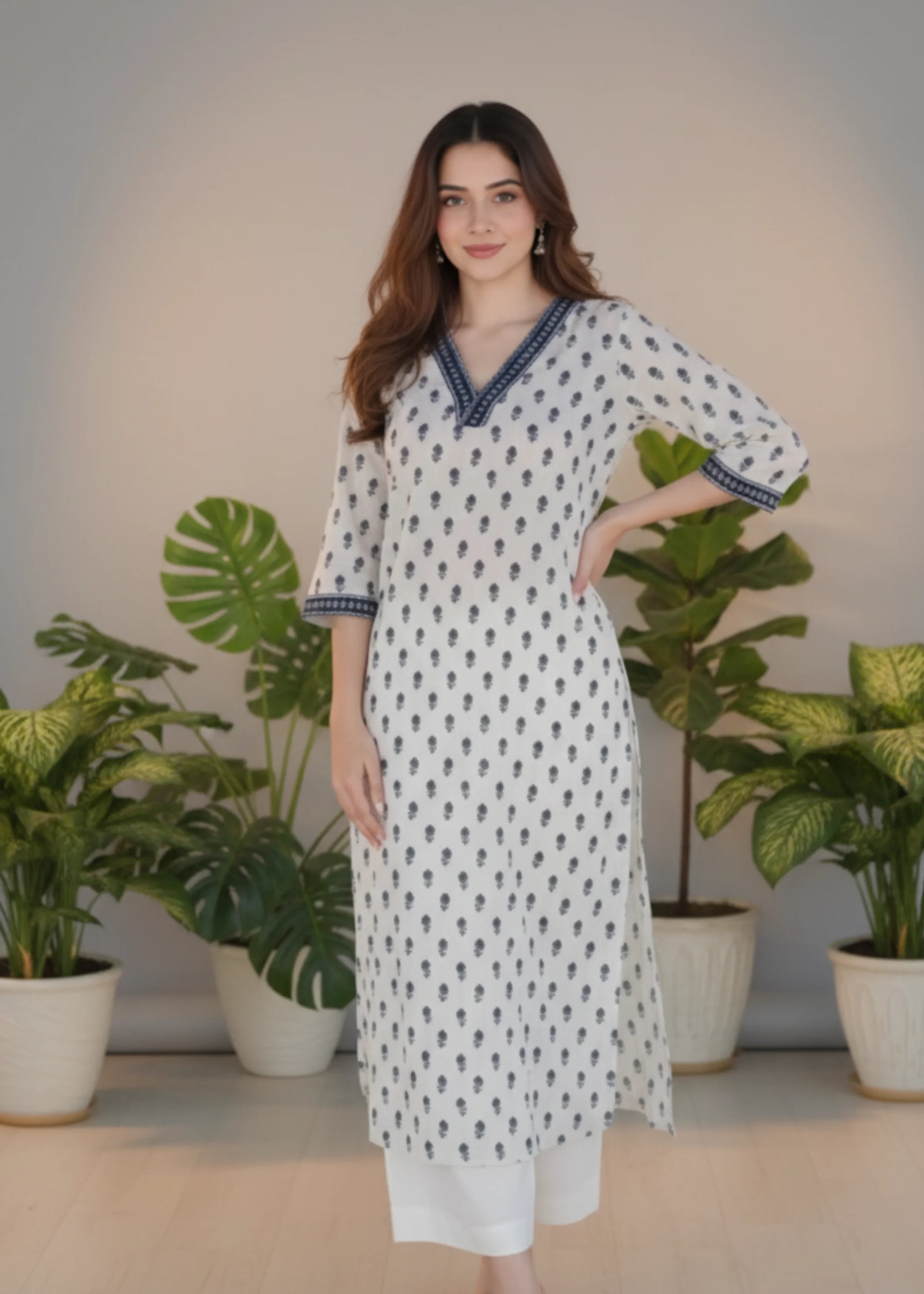 White Rayon Printed V Neck Straight Kurta with Three Quarter Sleeves