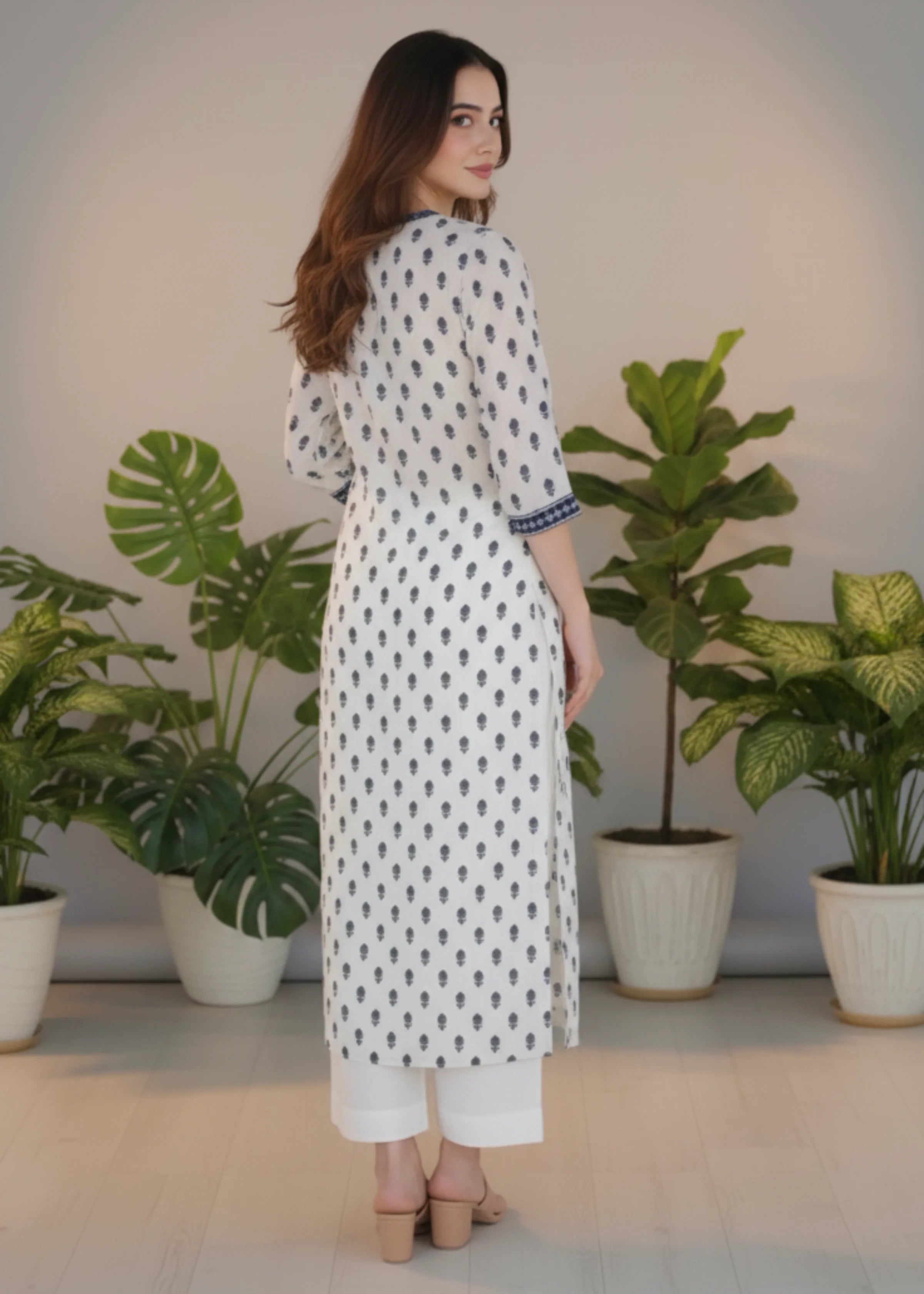 White Rayon Printed V Neck Straight Kurta with Three Quarter Sleeves