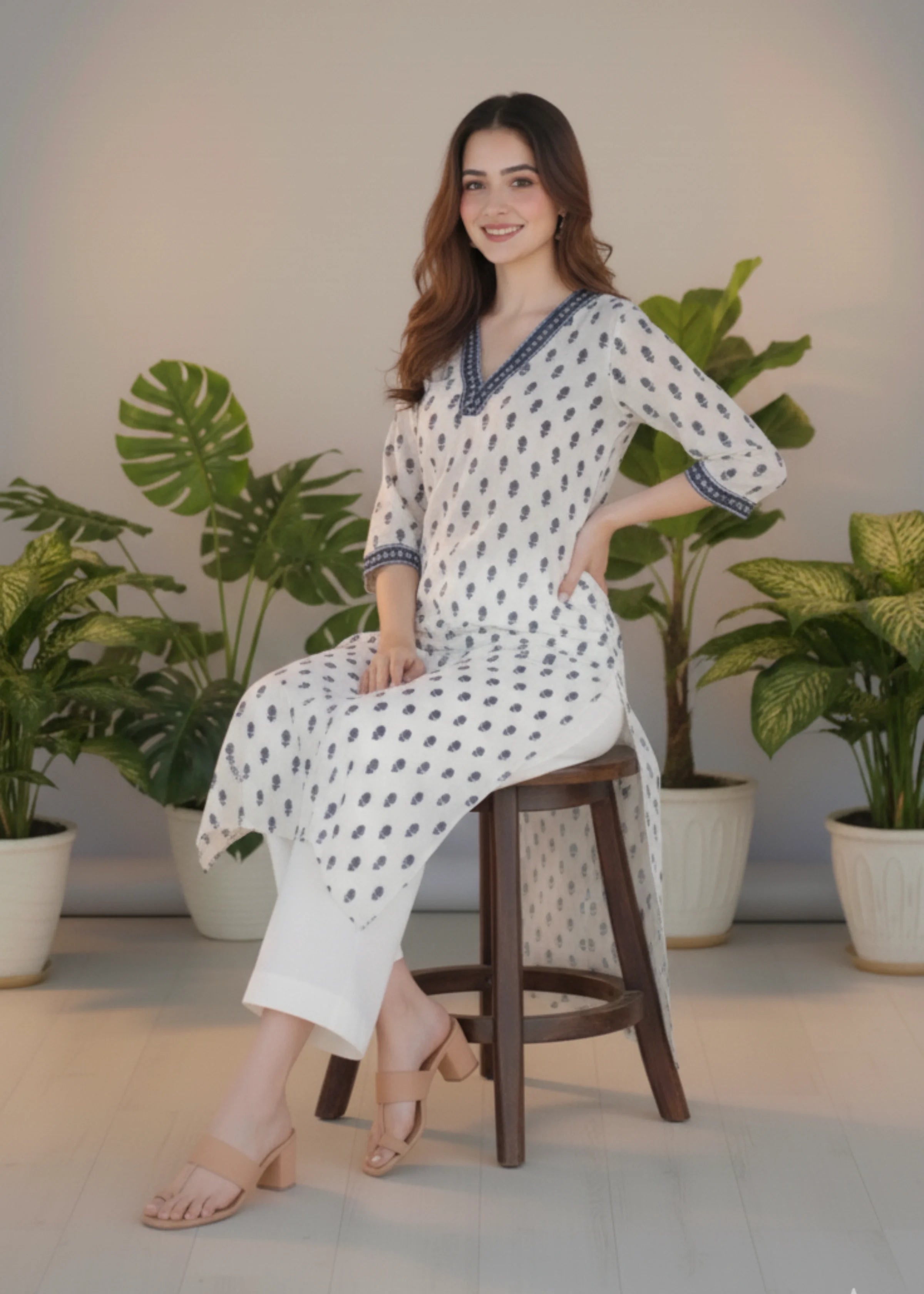 White Rayon Printed V Neck Straight Kurta with Three Quarter Sleeves