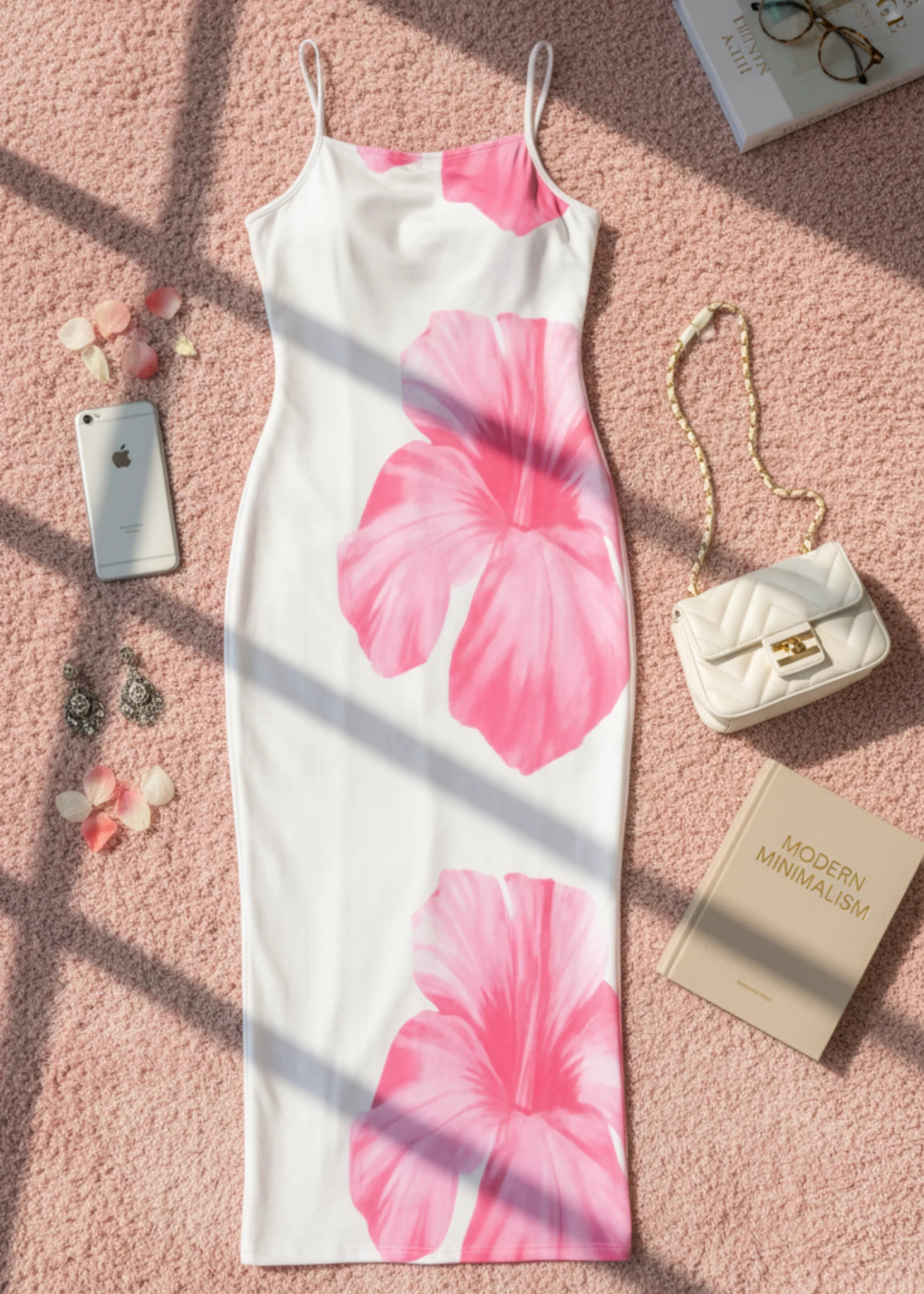 White Bodycon Midi Dress with Red Floral Print and Spaghetti Straps