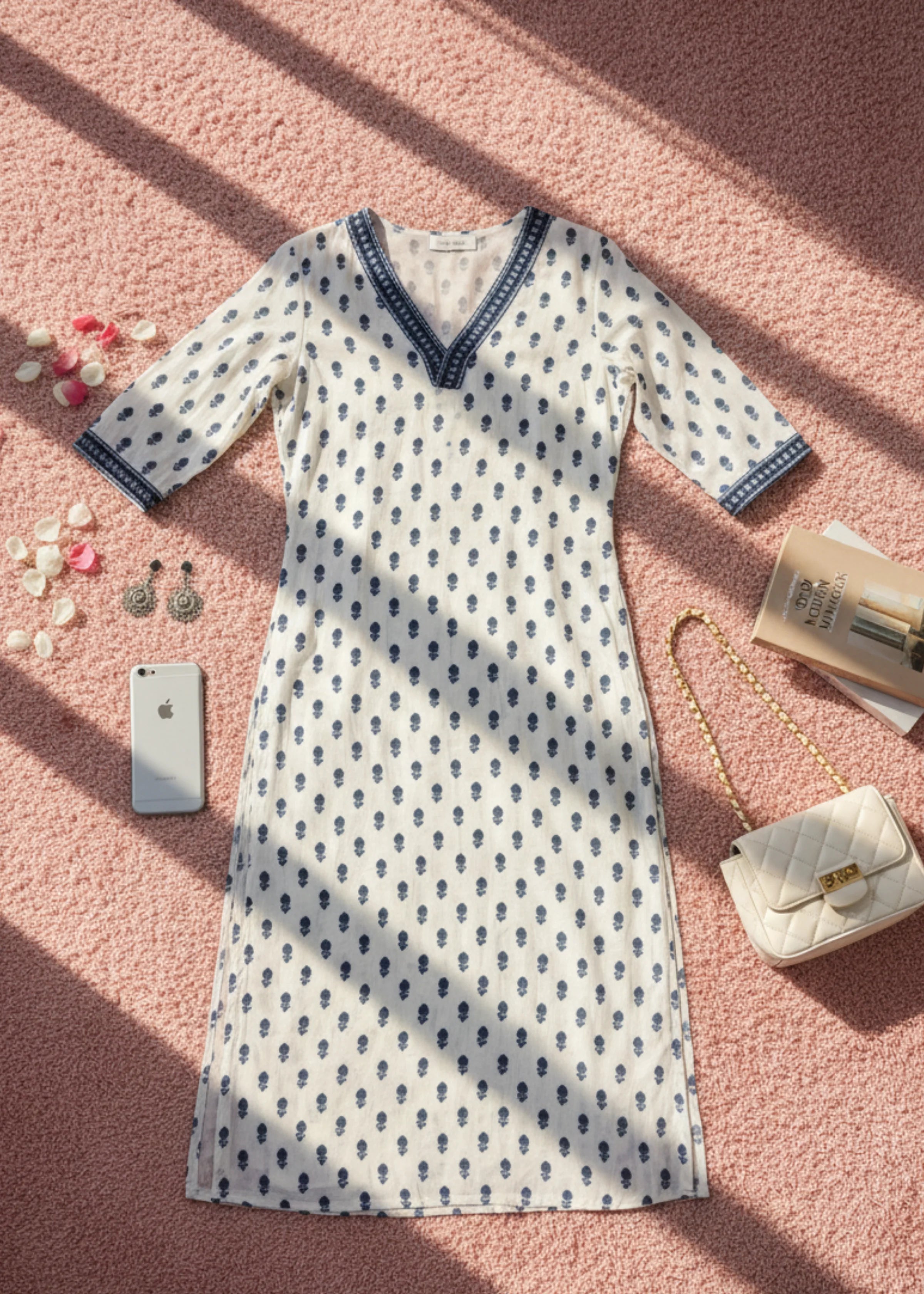 White Rayon Printed V Neck Straight Kurta with Three Quarter Sleeves