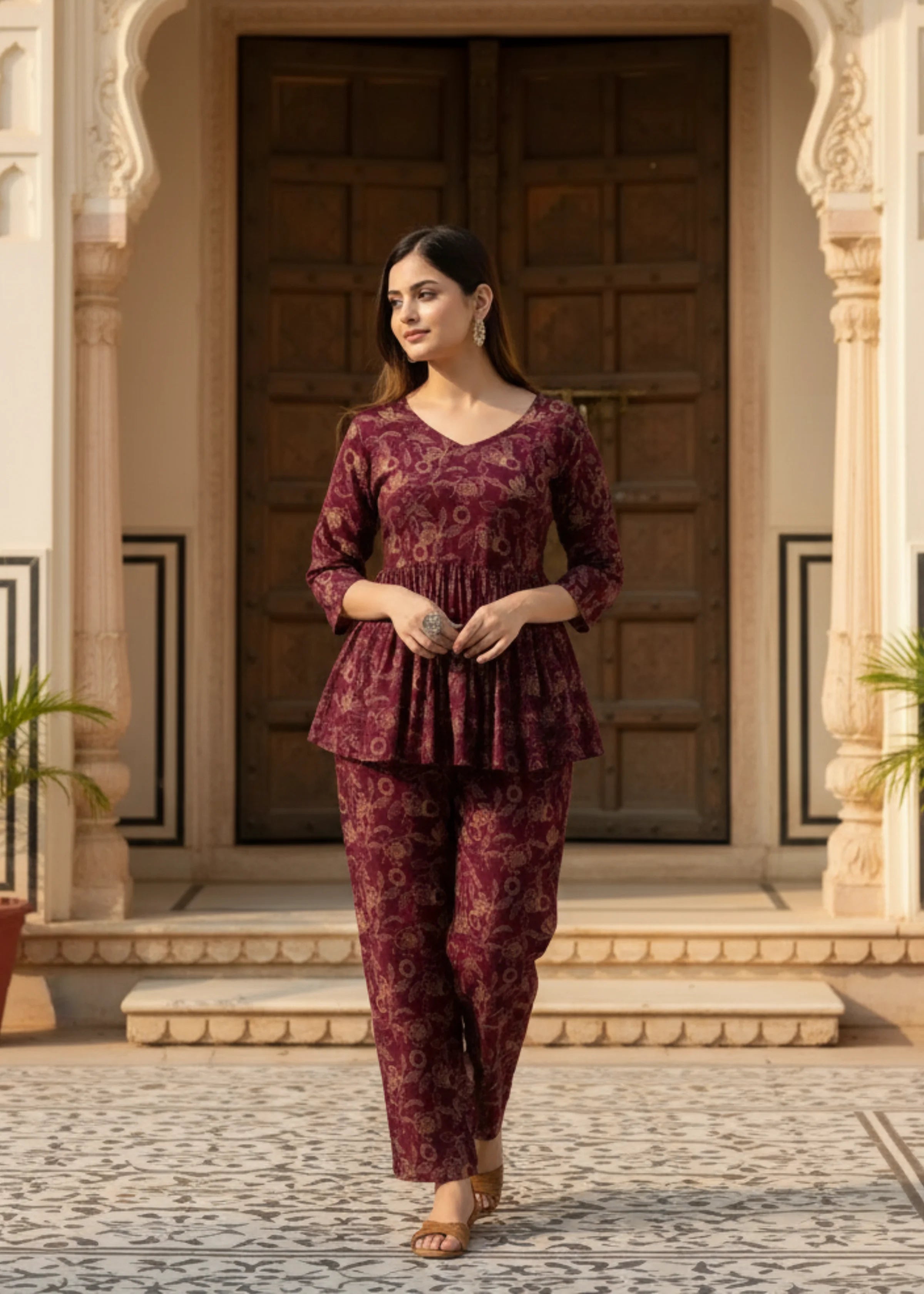 Wine Color Printed Rayon Co-ord Set for Women