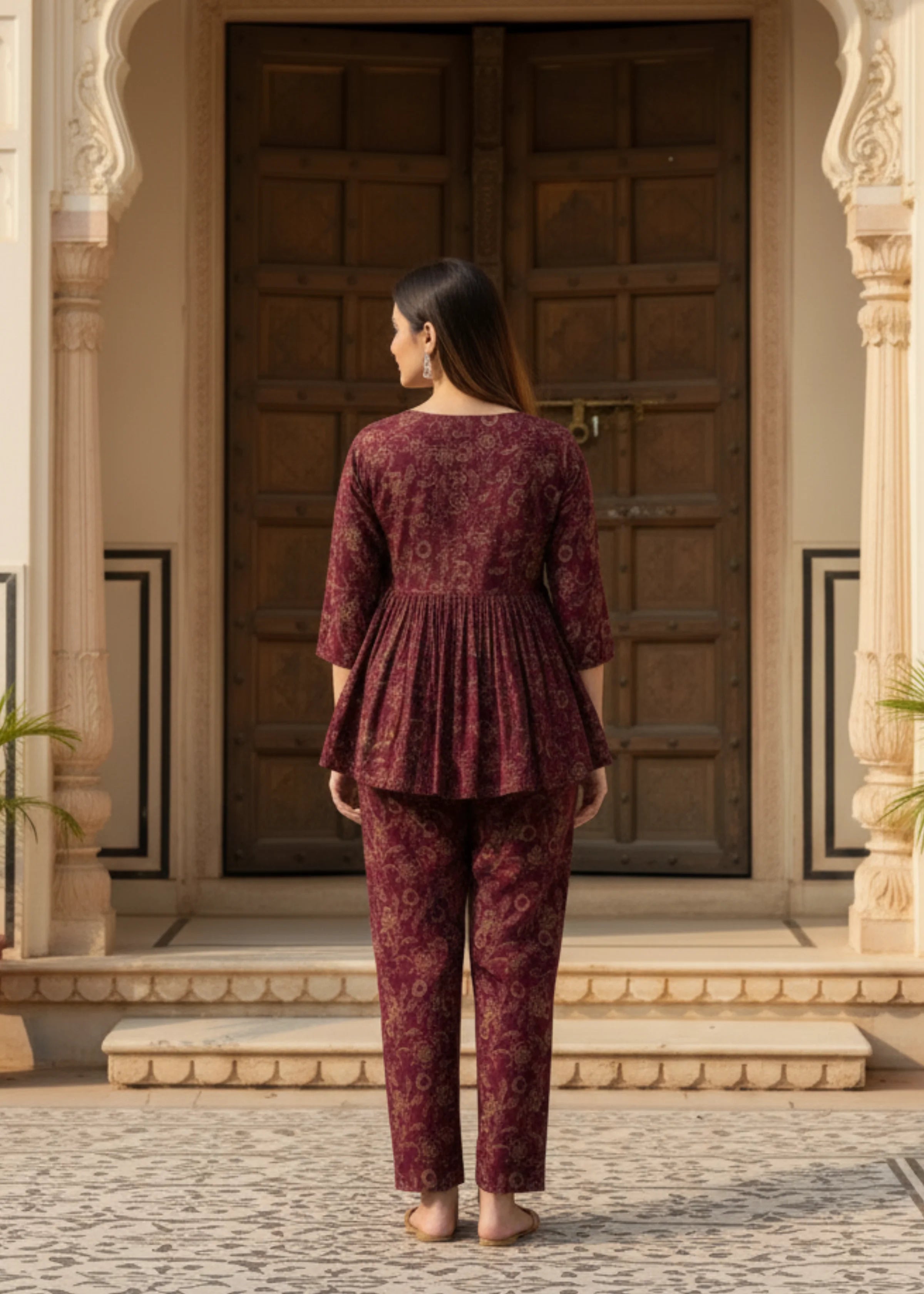 Wine Color Printed Rayon Co-ord Set for Women
