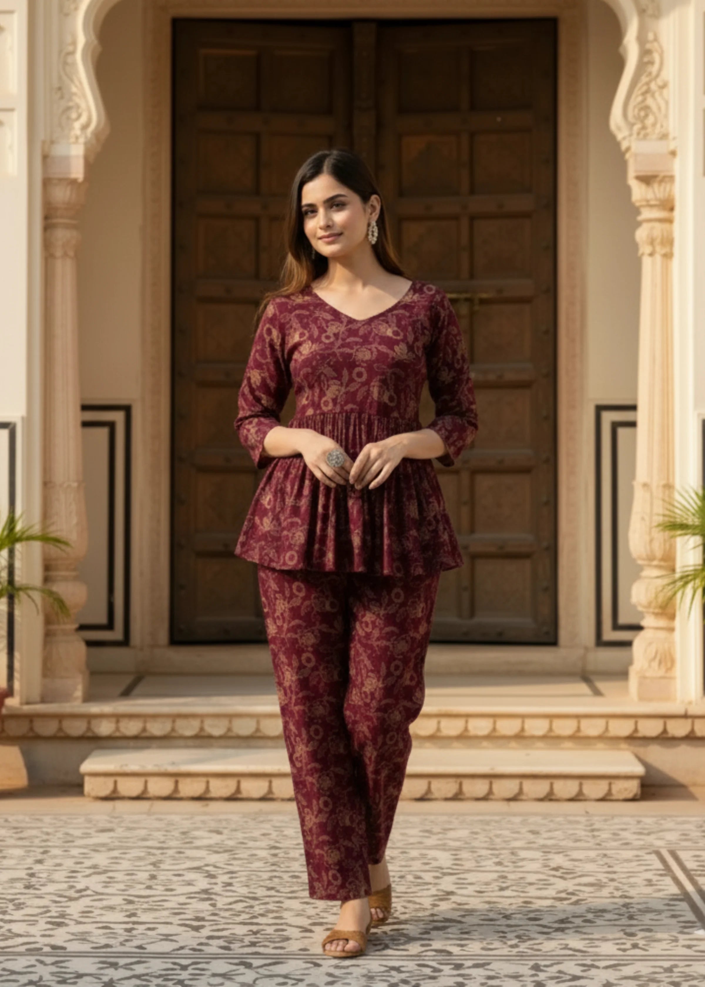 Wine Color Printed Rayon Co-ord Set for Women