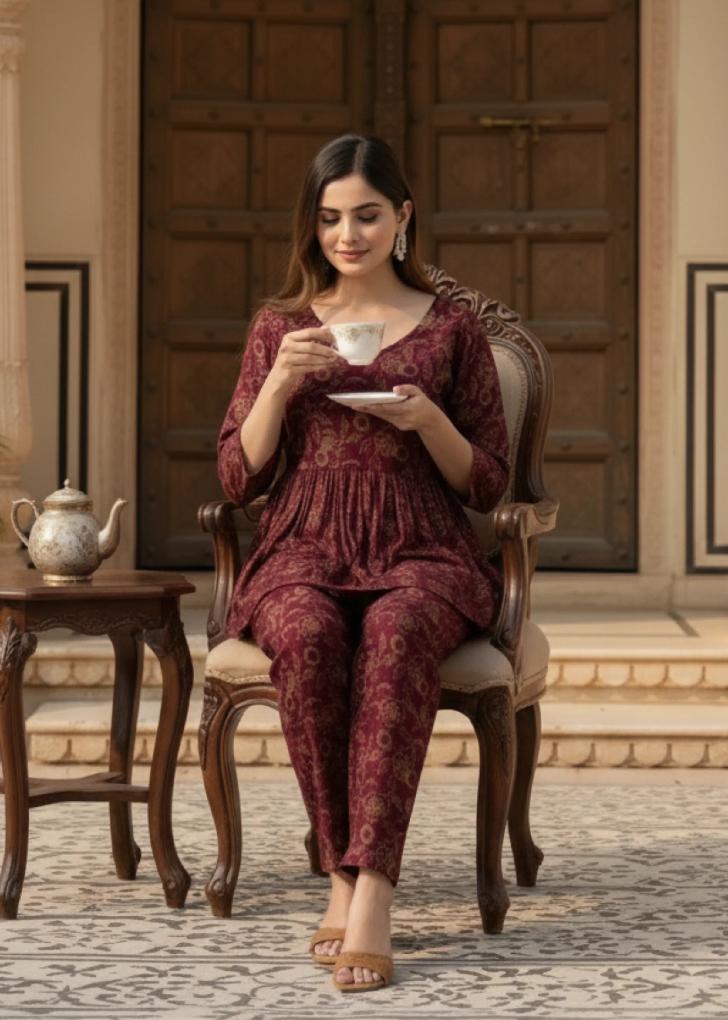 Wine Color Printed Rayon Co-ord Set for Women