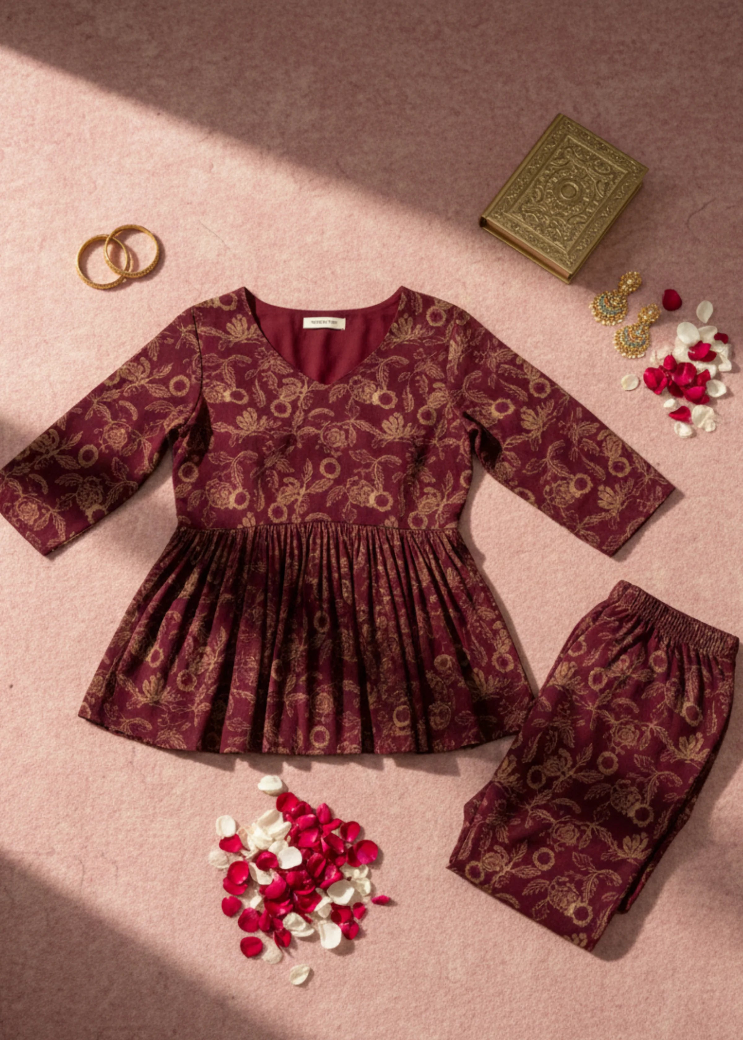 Wine Color Printed Rayon Co-ord Set for Women