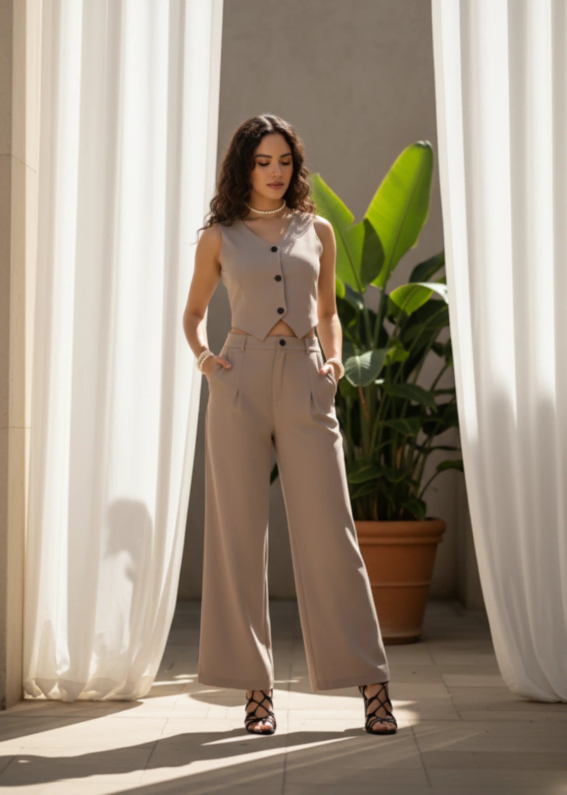 Women’s Silk Blend Co-Ord Set Stylish Sleeveless Top & Wide-Leg Pants