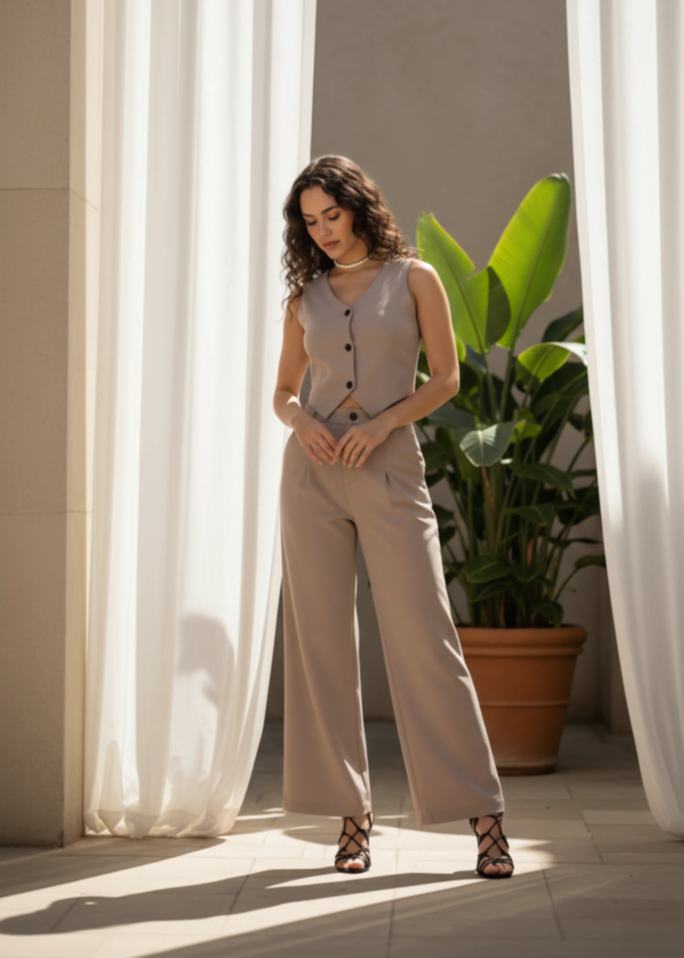 Women’s Silk Blend Co-Ord Set Stylish Sleeveless Top & Wide-Leg Pants