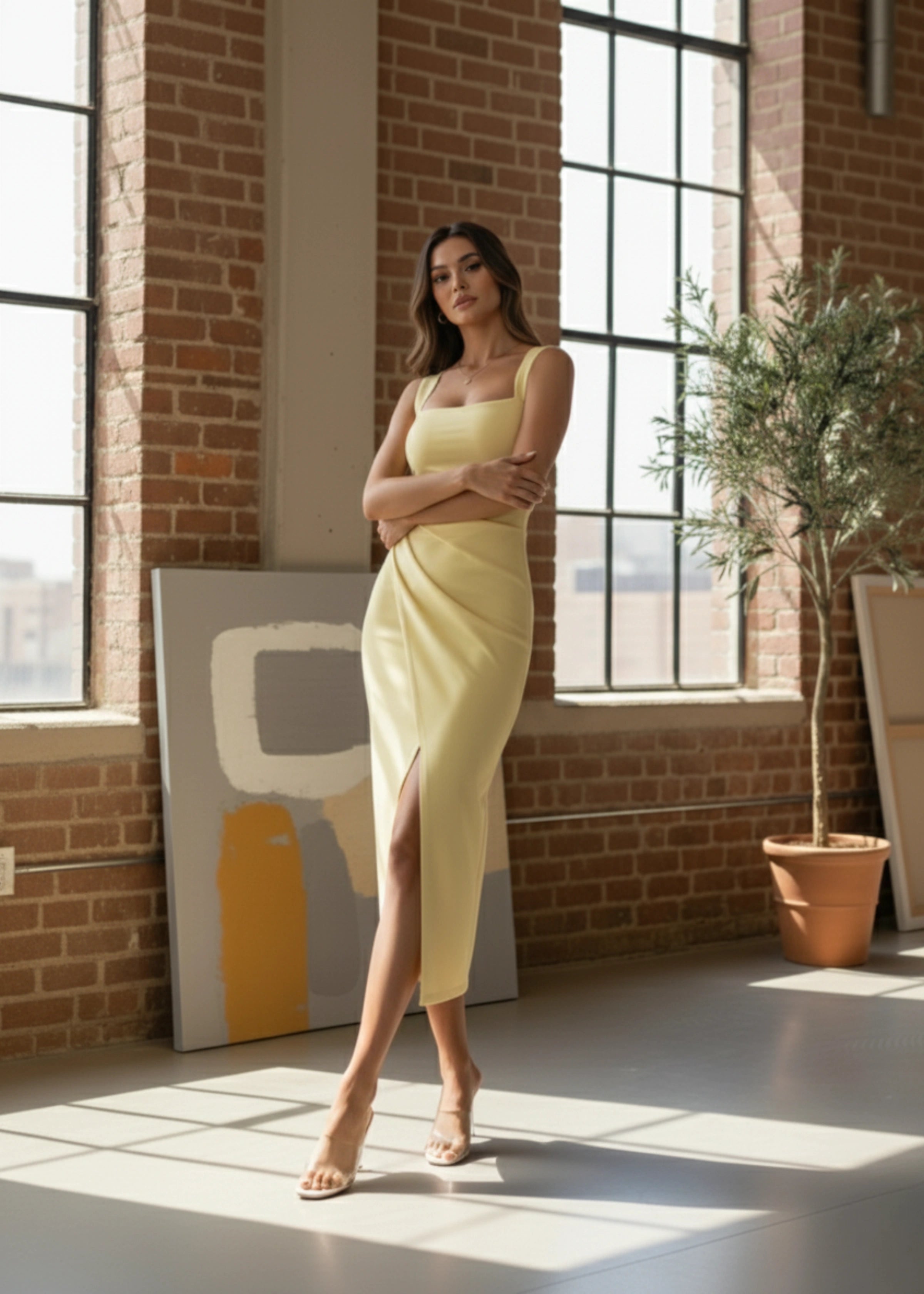 Yellow Sleeveless Bodycon Dress with Square Neck and Front Slit