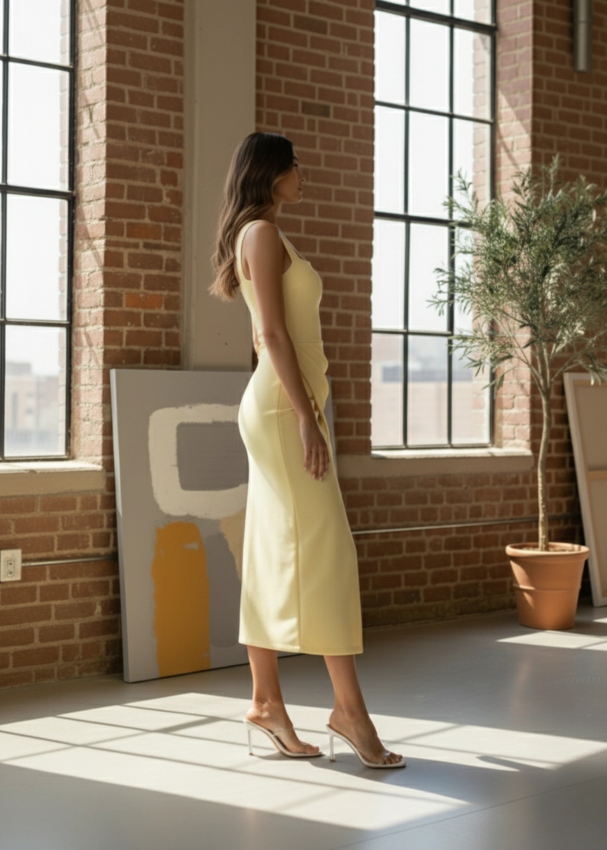 Yellow Sleeveless Bodycon Dress with Square Neck and Front Slit