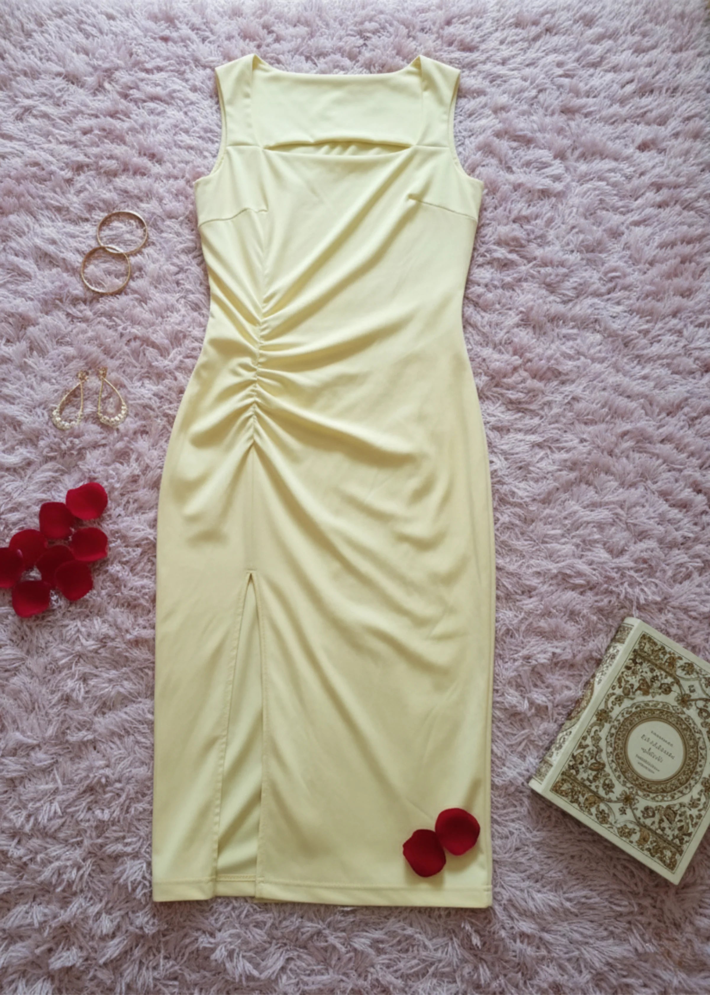 Yellow Sleeveless Bodycon Dress with Square Neck and Front Slit
